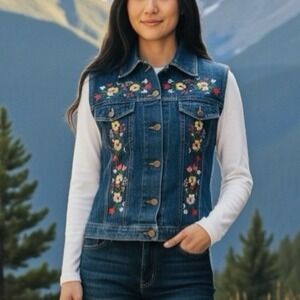 Cejon Sleeveless Jacket Women's Size M Blue Floral Embroidered Denim Cotton